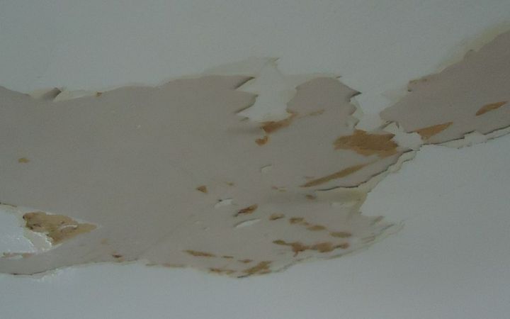 Ceiling with water stains and paint peeling off the drywall